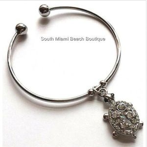 Sea Turtle Charm Bracelet Silver Plated Crystal Nautical Island Wire Bangle